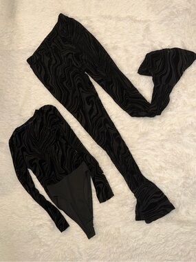 Black Velvet Textured Two-Piece Set - Long Sleeve Bodysuit & Flared Pants